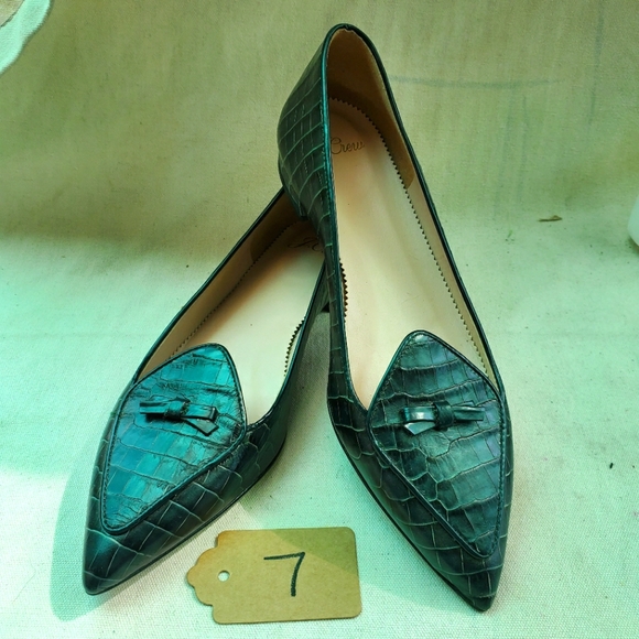 J Crew Emerald Green Croc Embossed Leather Pointy Flats